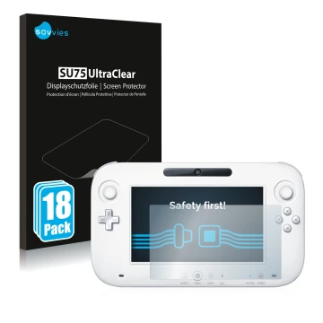 Vorderseite einer Produktverpackung mit dem Markenlogo Savvies. Daneben ist das Gerät Nintendo Wii U GamePad (Controller) mit 