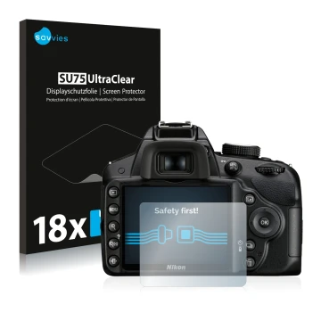 Vorderseite einer Produktverpackung mit dem Markenlogo Savvies. Daneben ist das Gerät Nikon D3200 mit dem zugehörigen Displays