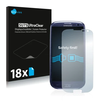 Vorderseite einer Produktverpackung mit dem Markenlogo Savvies. Daneben ist das Gerät Samsung Galaxy S3 I9300 mit dem zugehöri