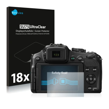Vorderseite einer Produktverpackung mit dem Markenlogo Savvies. Daneben ist das Gerät Panasonic Lumix DMC-FZ200 mit dem zugehö