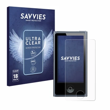 Vorderseite einer Produktverpackung mit dem Markenlogo Savvies. Daneben ist das Gerät Apple iPod nano 2012 (7. Gen.) mit dem z