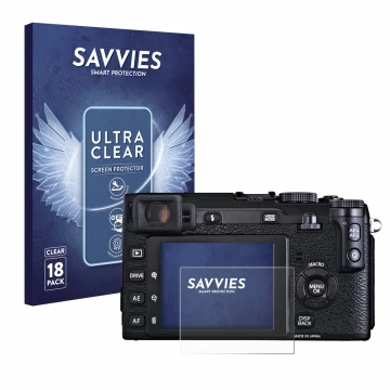 Vorderseite einer Produktverpackung mit dem Markenlogo Savvies. Daneben ist das Gerät Fujifilm X-E1 mit dem zugehörigen Displa