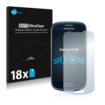 Vorderseite einer Produktverpackung mit dem Markenlogo Savvies. Daneben ist das Gerät Samsung Galaxy S3 Mini I8190 mit dem zug