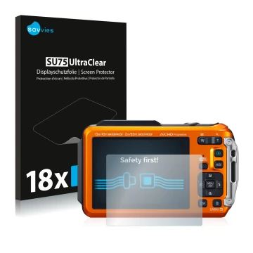 Vorderseite einer Produktverpackung mit dem Markenlogo Savvies. Daneben ist das Gerät Panasonic Lumix DMC-FT5 mit dem zugehöri