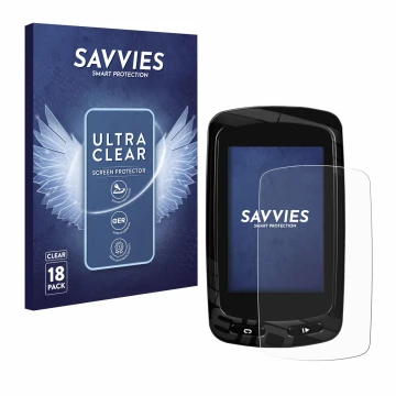 Vorderseite einer Produktverpackung mit dem Markenlogo Savvies. Daneben ist das Gerät Garmin Edge 810 mit dem zugehörigen Disp