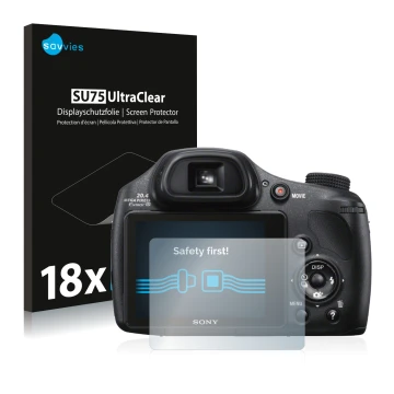 Vorderseite einer Produktverpackung mit dem Markenlogo Savvies. Daneben ist das Gerät Sony Cyber-Shot DSC-HX300 mit dem zugehö