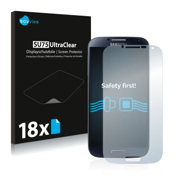 Vorderseite einer Produktverpackung mit dem Markenlogo Savvies. Daneben ist das Gerät Samsung Galaxy S4 mit dem zugehörigen Di