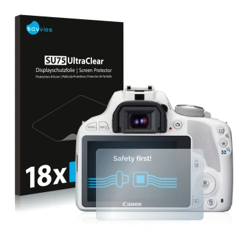 Vorderseite einer Produktverpackung mit dem Markenlogo Savvies. Daneben ist das Gerät Canon EOS 100D mit dem zugehörigen Displ