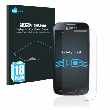 Vorderseite einer Produktverpackung mit dem Markenlogo Savvies. Daneben ist das Gerät Samsung Galaxy S4 Mini mit dem zugehörig