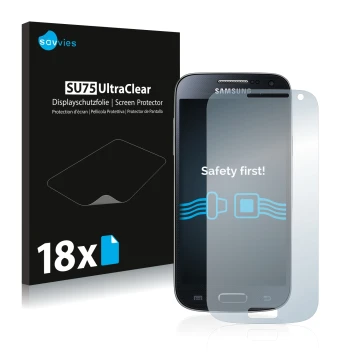 Vorderseite einer Produktverpackung mit dem Markenlogo Savvies. Daneben ist das Gerät Samsung Galaxy S4 Mini LTE (4G) I9195 mi