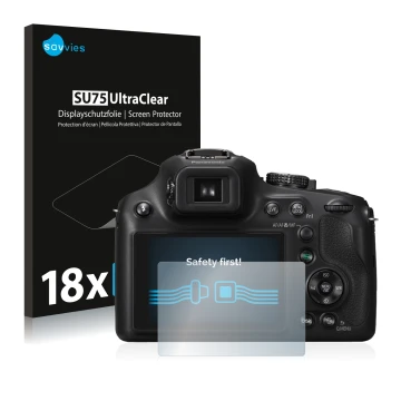 Vorderseite einer Produktverpackung mit dem Markenlogo Savvies. Daneben ist das Gerät Panasonic Lumix DMC-FZ72 mit dem zugehör