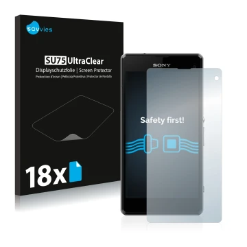 Vorderseite einer Produktverpackung mit dem Markenlogo Savvies. Daneben ist das Gerät Sony Xperia Z1 Compact D5503 mit dem zug