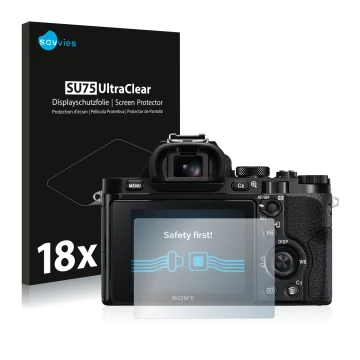 Vorderseite einer Produktverpackung mit dem Markenlogo Savvies. Daneben ist das Gerät Sony Alpha 7 (ILCE-7) mit dem zugehörige