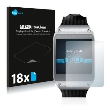 Vorderseite einer Produktverpackung mit dem Markenlogo Savvies. Daneben ist das Gerät Samsung Galaxy Gear V700 mit dem zugehör
