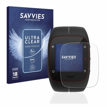 Vorderseite einer Produktverpackung mit dem Markenlogo Savvies. Daneben ist das Gerät Polar M400 mit dem zugehörigen Displaysc