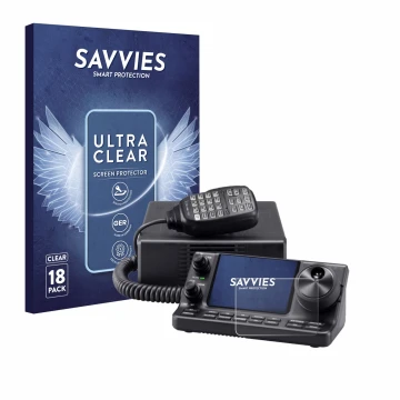Vorderseite einer Produktverpackung mit dem Markenlogo Savvies. Daneben ist das Gerät Icom IC-7100 mit dem zugehörigen Display