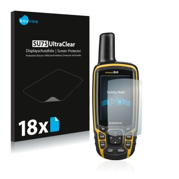 Vorderseite einer Produktverpackung mit dem Markenlogo Savvies. Daneben ist das Gerät Garmin GPSMAP 64 mit dem zugehörigen Dis