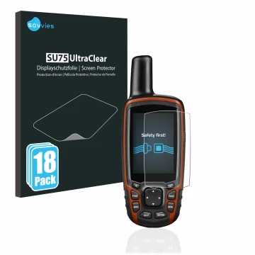 Vorderseite einer Produktverpackung mit dem Markenlogo Savvies. Daneben ist das Gerät Garmin GPSMAP 64s mit dem zugehörigen Di