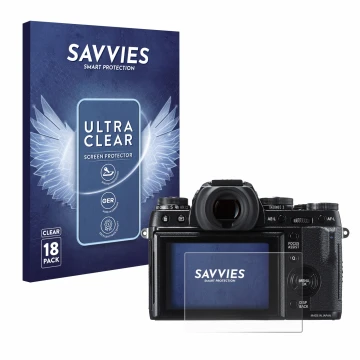 Vorderseite einer Produktverpackung mit dem Markenlogo Savvies. Daneben ist das Gerät Fujifilm X-T1 mit dem zugehörigen Displa