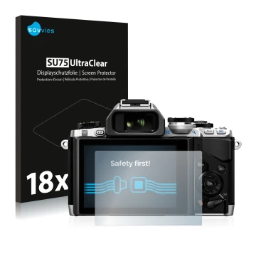 Vorderseite einer Produktverpackung mit dem Markenlogo Savvies. Daneben ist das Gerät Olympus OM-D E-M10 mit dem zugehörigen D