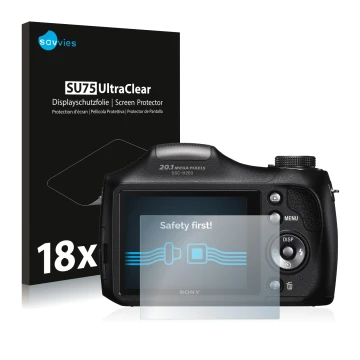 Vorderseite einer Produktverpackung mit dem Markenlogo Savvies. Daneben ist das Gerät Sony Cyber-Shot DSC-H300 mit dem zugehör