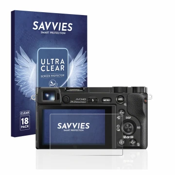 Vorderseite einer Produktverpackung mit dem Markenlogo Savvies. Daneben ist das Gerät Sony Alpha 6000 mit dem zugehörigen Disp
