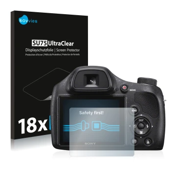 Vorderseite einer Produktverpackung mit dem Markenlogo Savvies. Daneben ist das Gerät Sony Cyber-Shot DSC-H400 mit dem zugehör