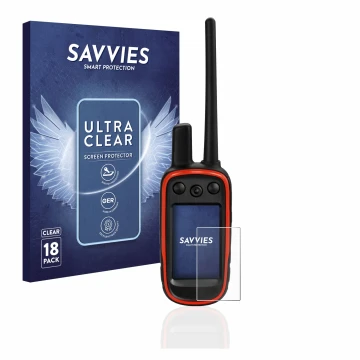 Vorderseite einer Produktverpackung mit dem Markenlogo Savvies. Daneben ist das Gerät Garmin Alpha 100 mit dem zugehörigen Dis