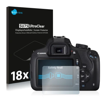 Vorderseite einer Produktverpackung mit dem Markenlogo Savvies. Daneben ist das Gerät Canon EOS 1200D mit dem zugehörigen Disp