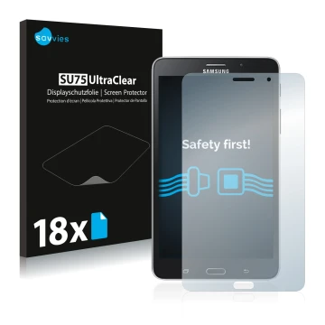 Vorderseite einer Produktverpackung mit dem Markenlogo Savvies. Daneben ist das Gerät Samsung Galaxy Tab Tab 4 7.0 LTE mit dem