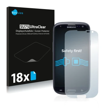 Vorderseite einer Produktverpackung mit dem Markenlogo Savvies. Daneben ist das Gerät Samsung Galaxy S3 Neo I9300I mit dem zug