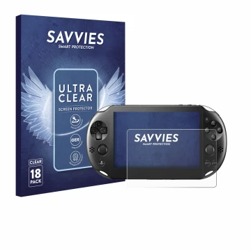 Vorderseite einer Produktverpackung mit dem Markenlogo Savvies. Daneben ist das Gerät Sony Playstation PS Vita Slim mit dem zu