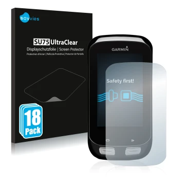 Vorderseite einer Produktverpackung mit dem Markenlogo Savvies. Daneben ist das Gerät Garmin Edge 1000 mit dem zugehörigen Dis