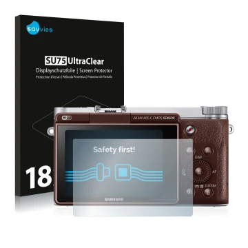 Vorderseite einer Produktverpackung mit dem Markenlogo Savvies. Daneben ist das Gerät Samsung NX3000 mit dem zugehörigen Displ