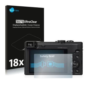 Vorderseite einer Produktverpackung mit dem Markenlogo Savvies. Daneben ist das Gerät Panasonic Lumix DMC-TZ60 mit dem zugehör