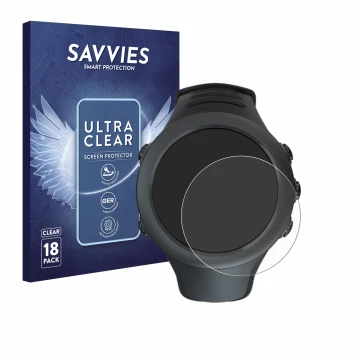 Vorderseite einer Produktverpackung mit dem Markenlogo Savvies. Daneben ist das Gerät Suunto Ambit3 Sport Black mit dem zugehö