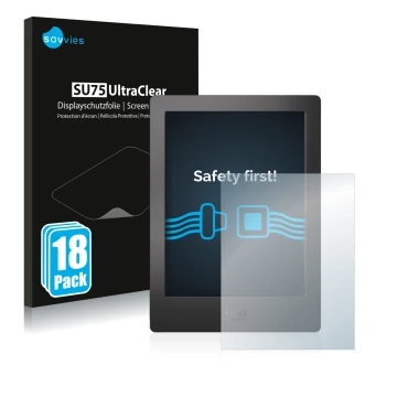 Vorderseite einer Produktverpackung mit dem Markenlogo Savvies. Daneben ist das Gerät Kobo Aura H2O mit dem zugehörigen Displa