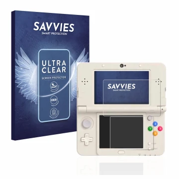 Vorderseite einer Produktverpackung mit dem Markenlogo Savvies. Daneben ist das Gerät Nintendo New 3DS mit dem zugehörigen Dis