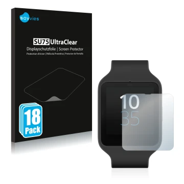 Vorderseite einer Produktverpackung mit dem Markenlogo Savvies. Daneben ist das Gerät Sony Smartwatch 3 SWR50 mit dem zugehöri