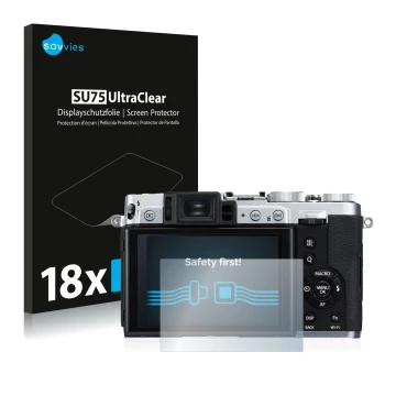 Vorderseite einer Produktverpackung mit dem Markenlogo Savvies. Daneben ist das Gerät Fujifilm X30 mit dem zugehörigen Display