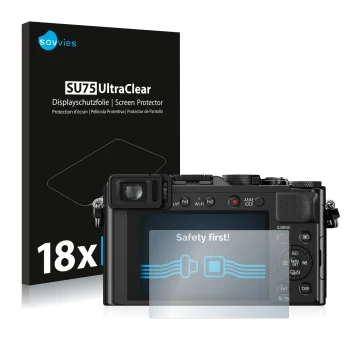 Vorderseite einer Produktverpackung mit dem Markenlogo Savvies. Daneben ist das Gerät Panasonic Lumix DMC-LX100 mit dem zugehö