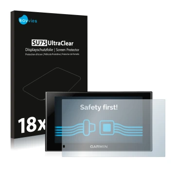 Vorderseite einer Produktverpackung mit dem Markenlogo Savvies. Daneben ist das Gerät Garmin nüvi 2599LMT-D mit dem zugehörige