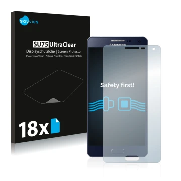 Vorderseite einer Produktverpackung mit dem Markenlogo Savvies. Daneben ist das Gerät Samsung Galaxy A5 2015 mit dem zugehörig