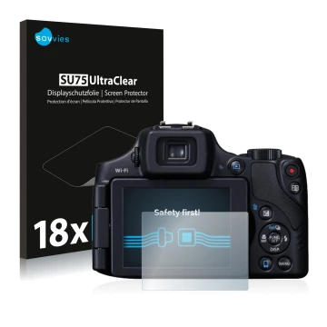 Vorderseite einer Produktverpackung mit dem Markenlogo Savvies. Daneben ist das Gerät Canon PowerShot SX60 HS mit dem zugehöri
