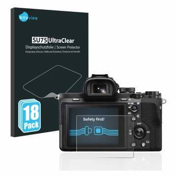 Vorderseite einer Produktverpackung mit dem Markenlogo Savvies. Daneben ist das Gerät Sony Alpha 7 II (ILCE-7M2) mit dem zugeh