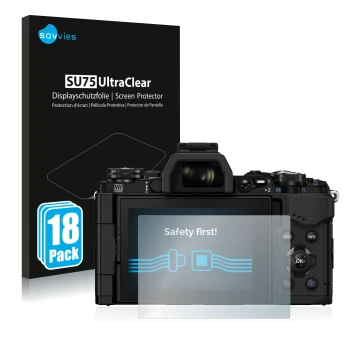 Vorderseite einer Produktverpackung mit dem Markenlogo Savvies. Daneben ist das Gerät Olympus OM-D E-M5 Mark II mit dem zugehö