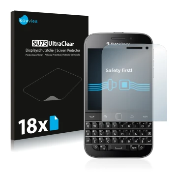 Vorderseite einer Produktverpackung mit dem Markenlogo Savvies. Daneben ist das Gerät Blackberry Classic Q20 mit dem zugehörig