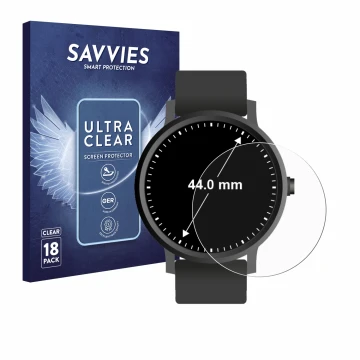 Vorderseite einer Produktverpackung mit dem Markenlogo Savvies. Daneben ist das Gerät Armbanduhren (Kreisrund, ø: 44 mm) mit d