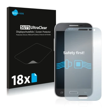 Vorderseite einer Produktverpackung mit dem Markenlogo Savvies. Daneben ist das Gerät Samsung Galaxy Core Prime G360 mit dem z