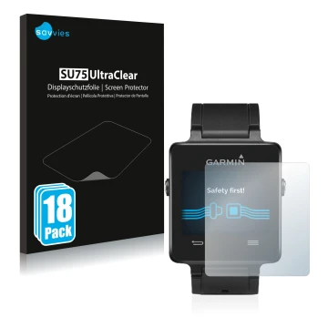 Vorderseite einer Produktverpackung mit dem Markenlogo Savvies. Daneben ist das Gerät Garmin vivoactive mit dem zugehörigen Di